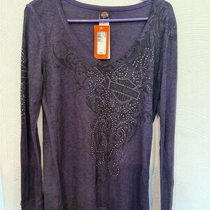 Harley-Davidson Gray Long Sleeve Graphic Embellished Blouse